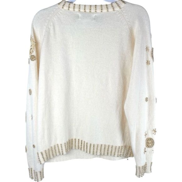 Vintage Eddie Dassin Ivory Gold Beaded Lambswool Angora Crew Sweater Size Large - Picture 4 of 9